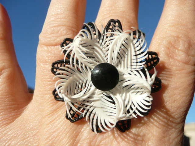 Sabine adjustable statement cocktail ring - black and white hairy soft plastic - upcycled repurposed vintage earring eco friendly