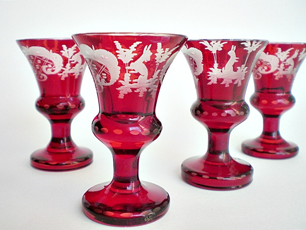 Antique Cordial Glasses Ruby Red Overlay by vintagebiffann on Etsy