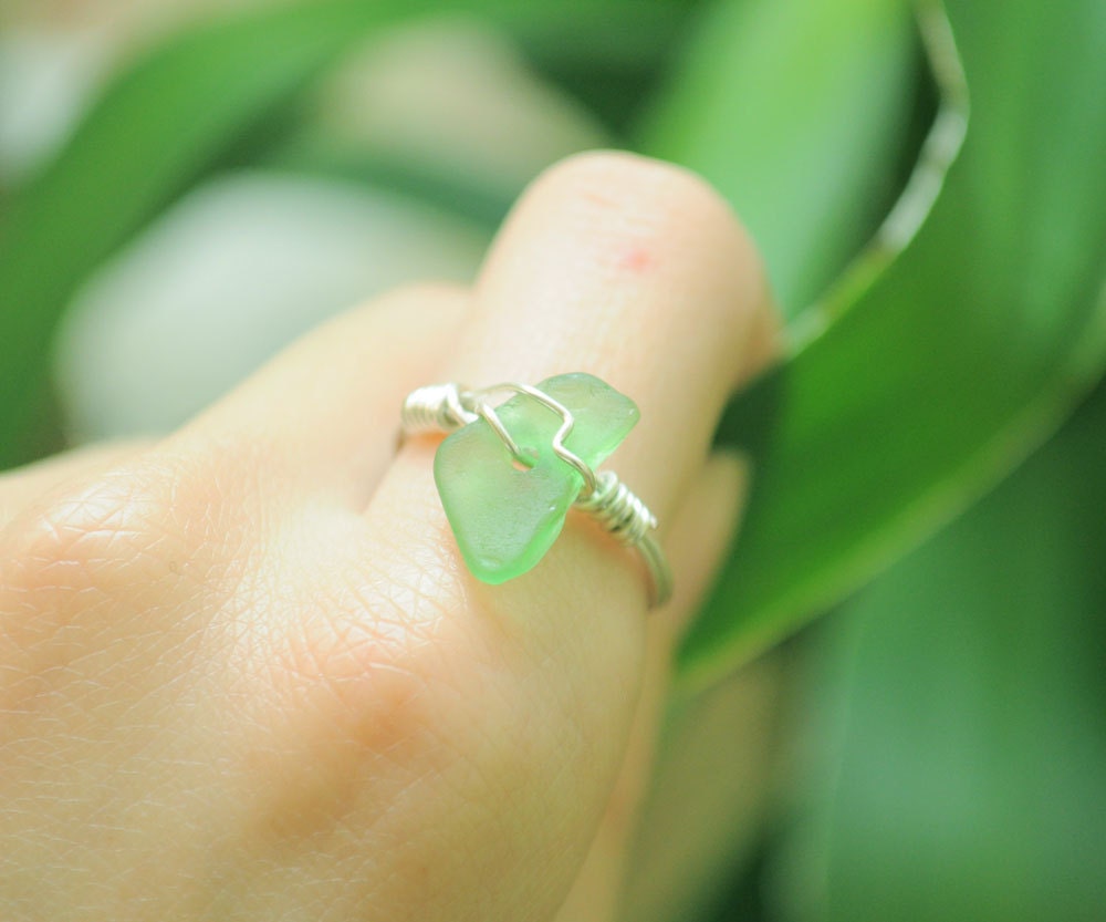 Green Seaglass Ring - Size 6 - Great Ring for Spring