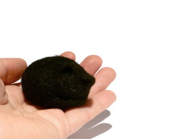 Tiny black cat - needle felted sculpture - asleep - Made to Order- animal collectible soft sculpture
