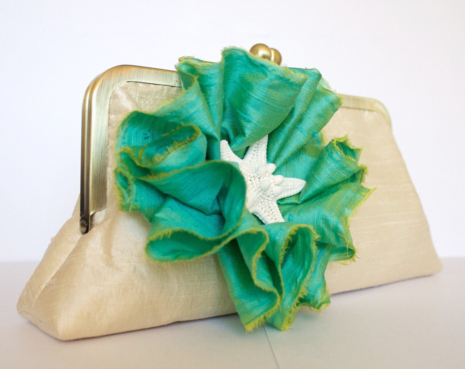 Light Emerald Green with a Splash of Yellow and Ivory Bridal Clutch Beach Wedding with Ruffle Flower and Starfish- Custom Made to Order