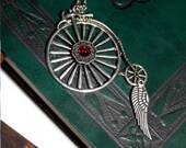 Old Bycicle - Steampunk Silver necklace with Red blood Swarovski Heliotrope Crysta and angel wings