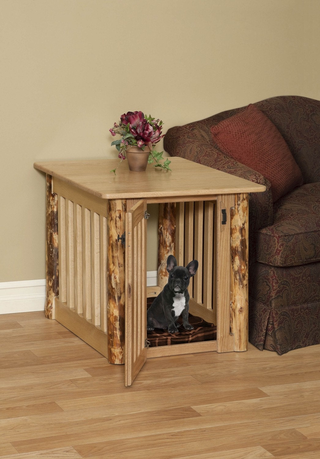 Medium Wood Dog Crate End Table with Log Post by pinnaclewc