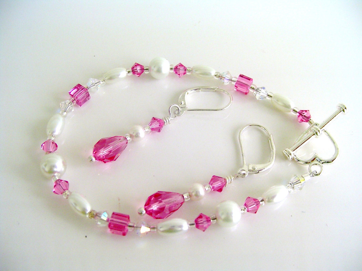 Pink Crystals White Pearls Set  Swarovski Teardrop Pink And White Pearls Bracelet And Earrings Set Bridal Jewelry