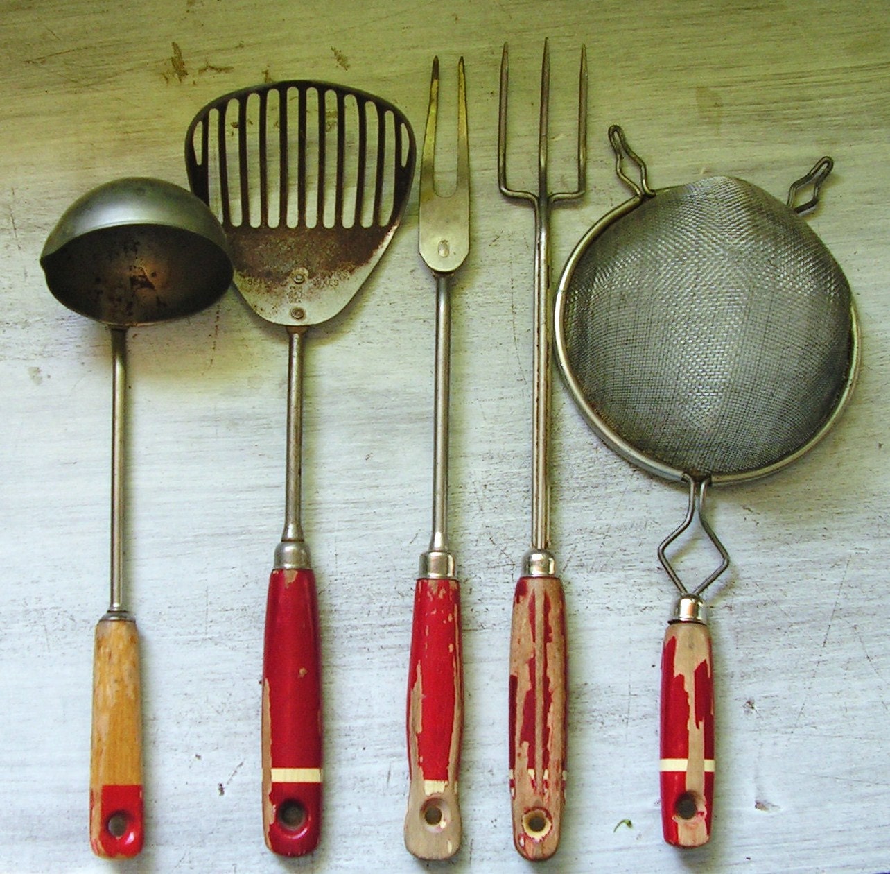 Vintage Red Wooden Utensils, retro kitchen, red wood handles with stripe, collection - hurstdesigns