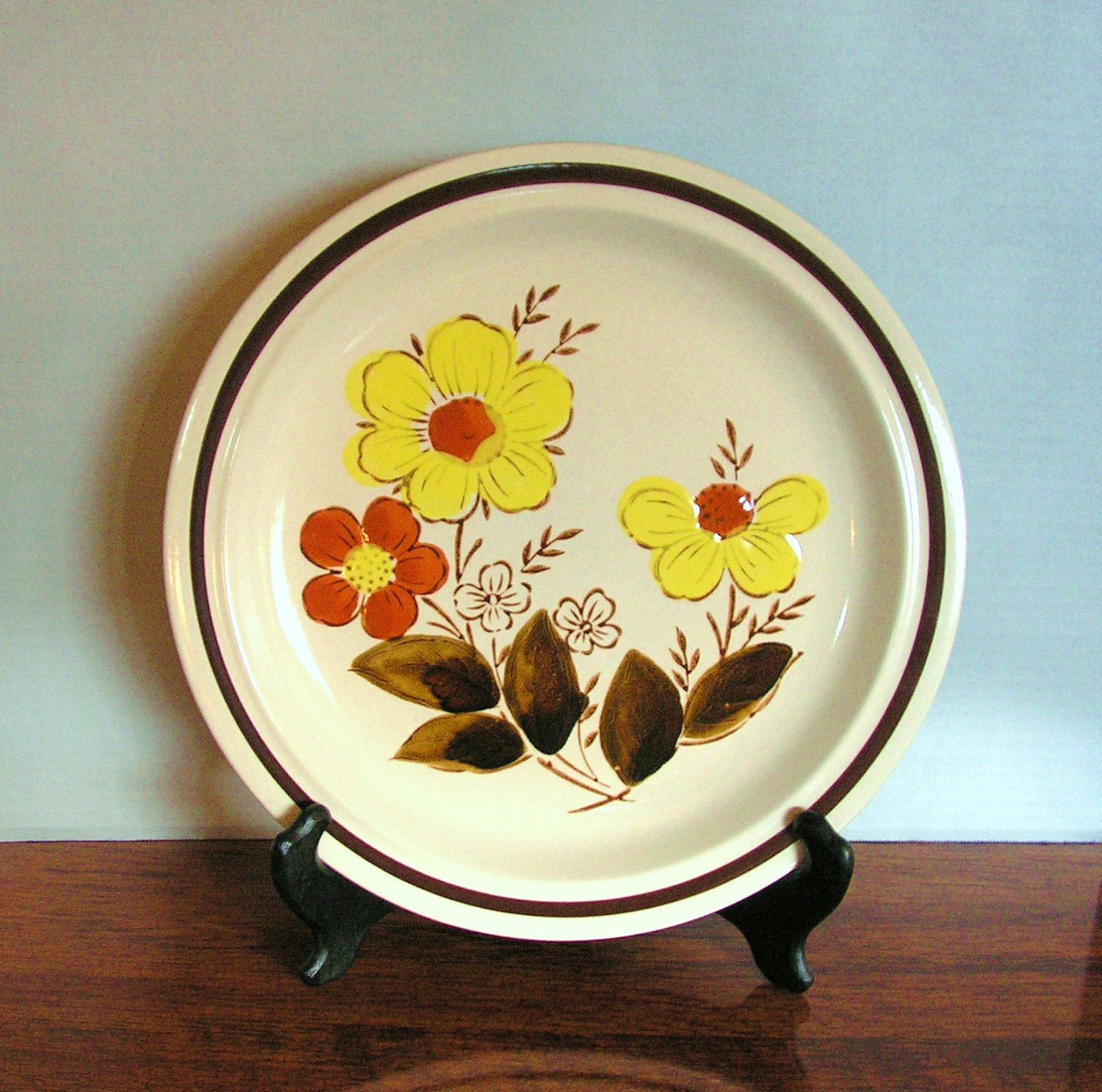 Vintage Ceramic Platter, 70s yellow and orange flowers