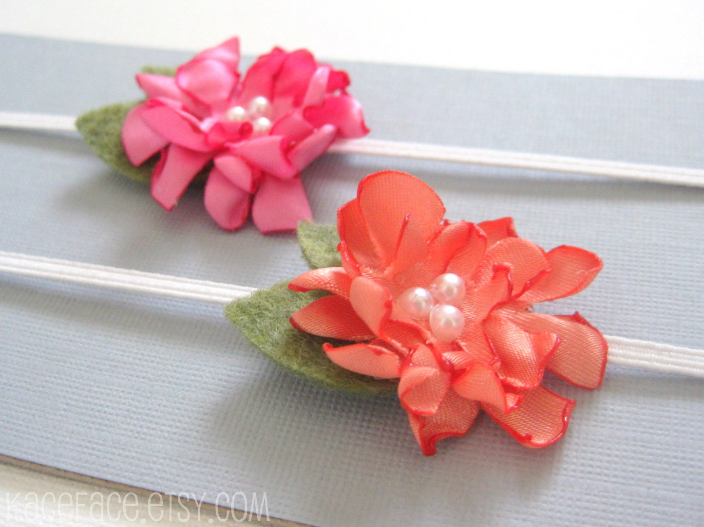 Newborn Baby Headband Set - orange / pink satin flowers
