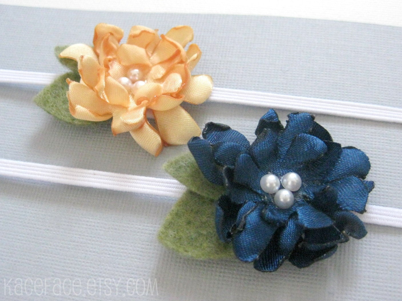 Newborn Baby Headband Set - yellow / navy satin flowers