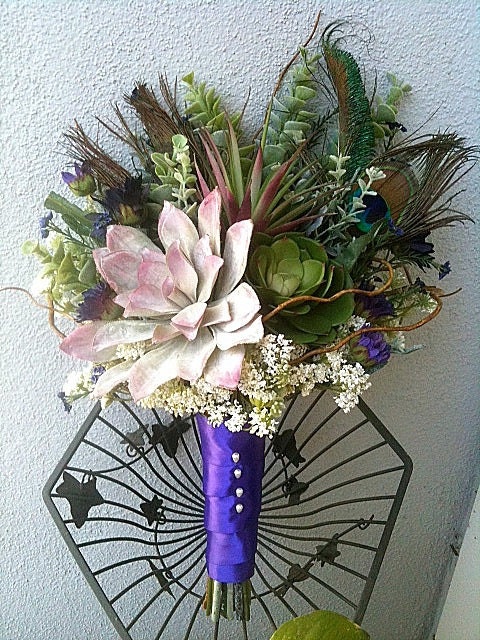 Faux-Silk Peacock Succulent Bouquet Package-Peacock Wedding