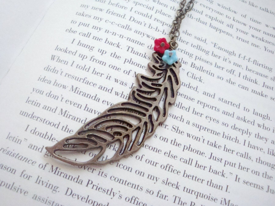 Feather Necklace with Red and Blue Flowers - Antiqued Gold