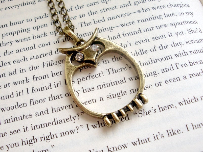 Owl Necklace - Antiqued Gold - Rhinestones