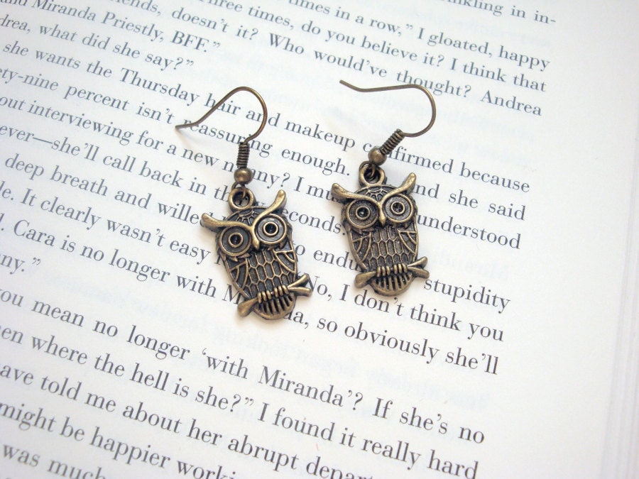 Owl Earrings - Antiqued Gold - Small