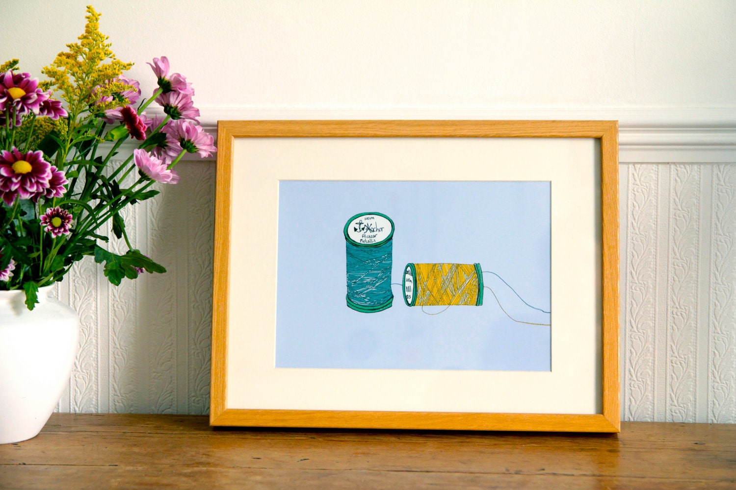 Spools of thread (lilac background) - A archival print of an original illustration.