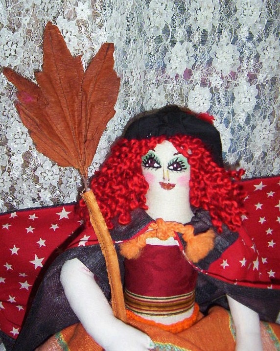 Cloth Art Doll, Cassandra the Good Witch, ooak, Hand Embroidered, Soft Sculpted, Bewitching, Whimsical, Fantasy