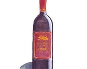 Watercolor Painting - Red Wine Bottle, Watercolor Art Print, 11x14