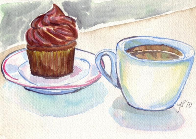 Still Life Illustration Cupcake and Coffee Watercolor Art Print, 8x10