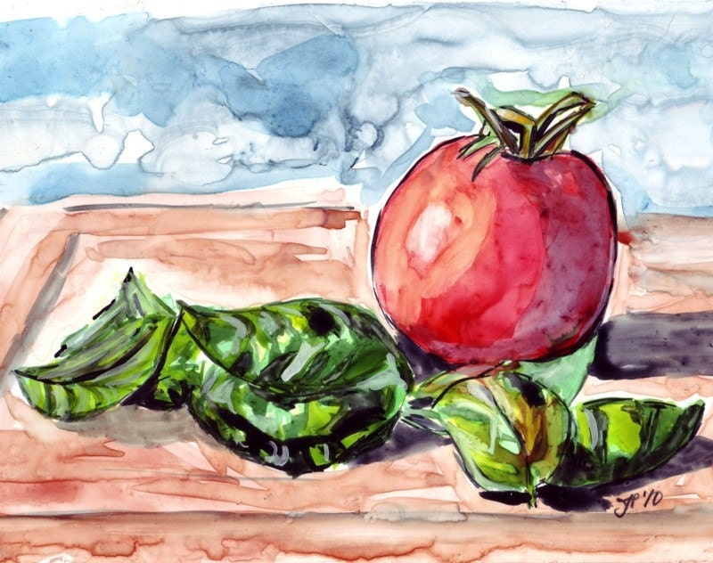 Tomato and Basil Watercolor Painting - Art Print, 11x14 Wall Art