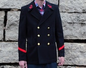 Upcycled Vintage French Navy Pea Coat in Wool with Pin Up Girl Scene . Unique OOAK Mens Small to Medium