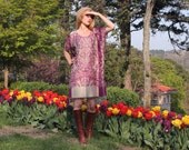 Boho Hippie Gypsy Caftan Dress with Fringe in Purple & Gold Metallic Silk Cashmere One Size