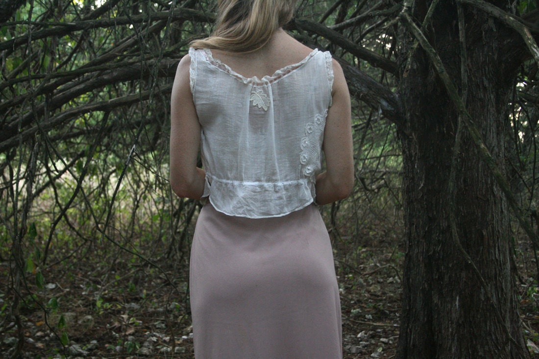 Vintage Victorian Chemise Tank Top in Lace & White Cotton Upcycled Eco Small Medium