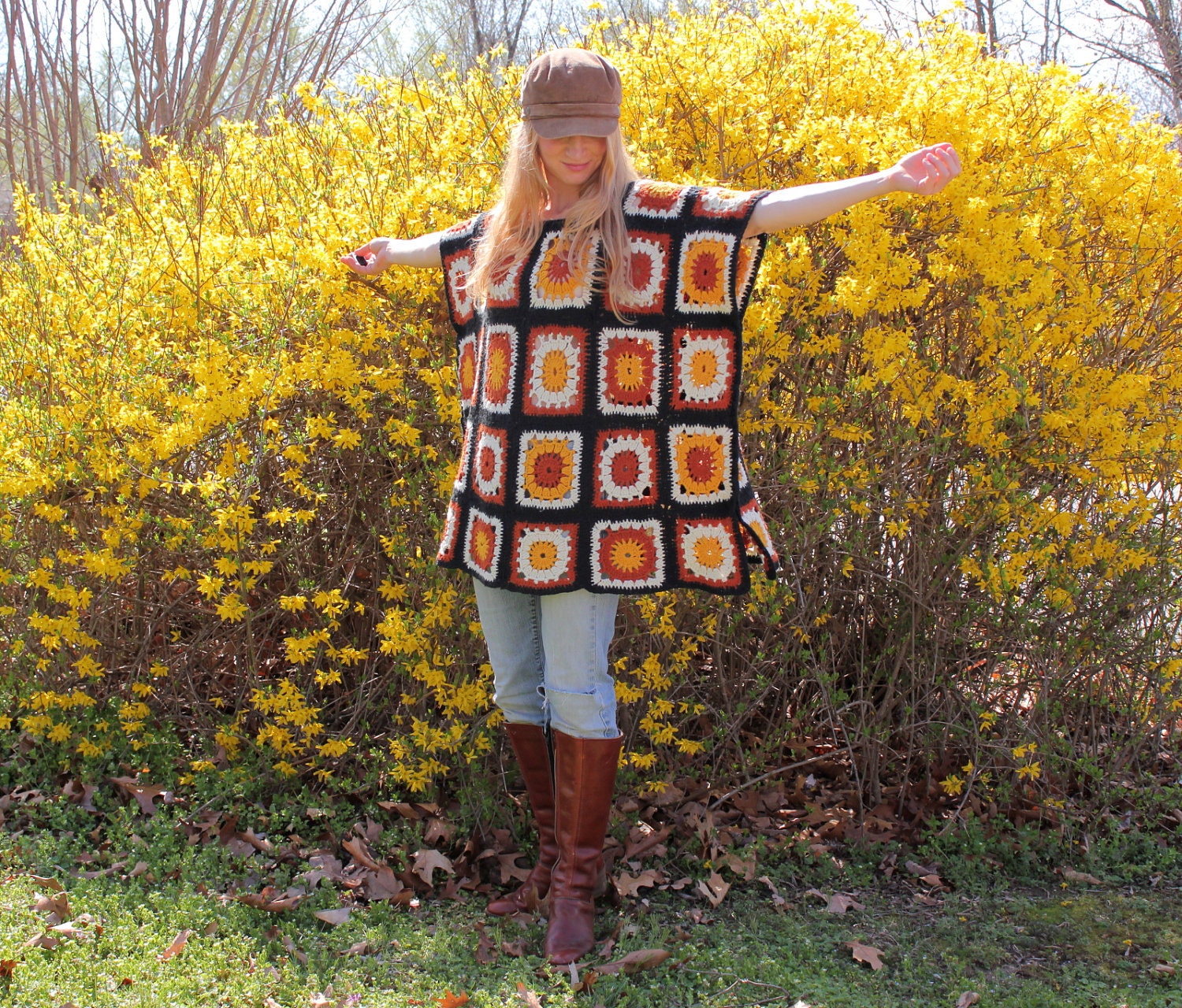 Crocheted Hippie Poncho with Granny Squares in Earth Tones Eco Upcycled Vintage Accessory