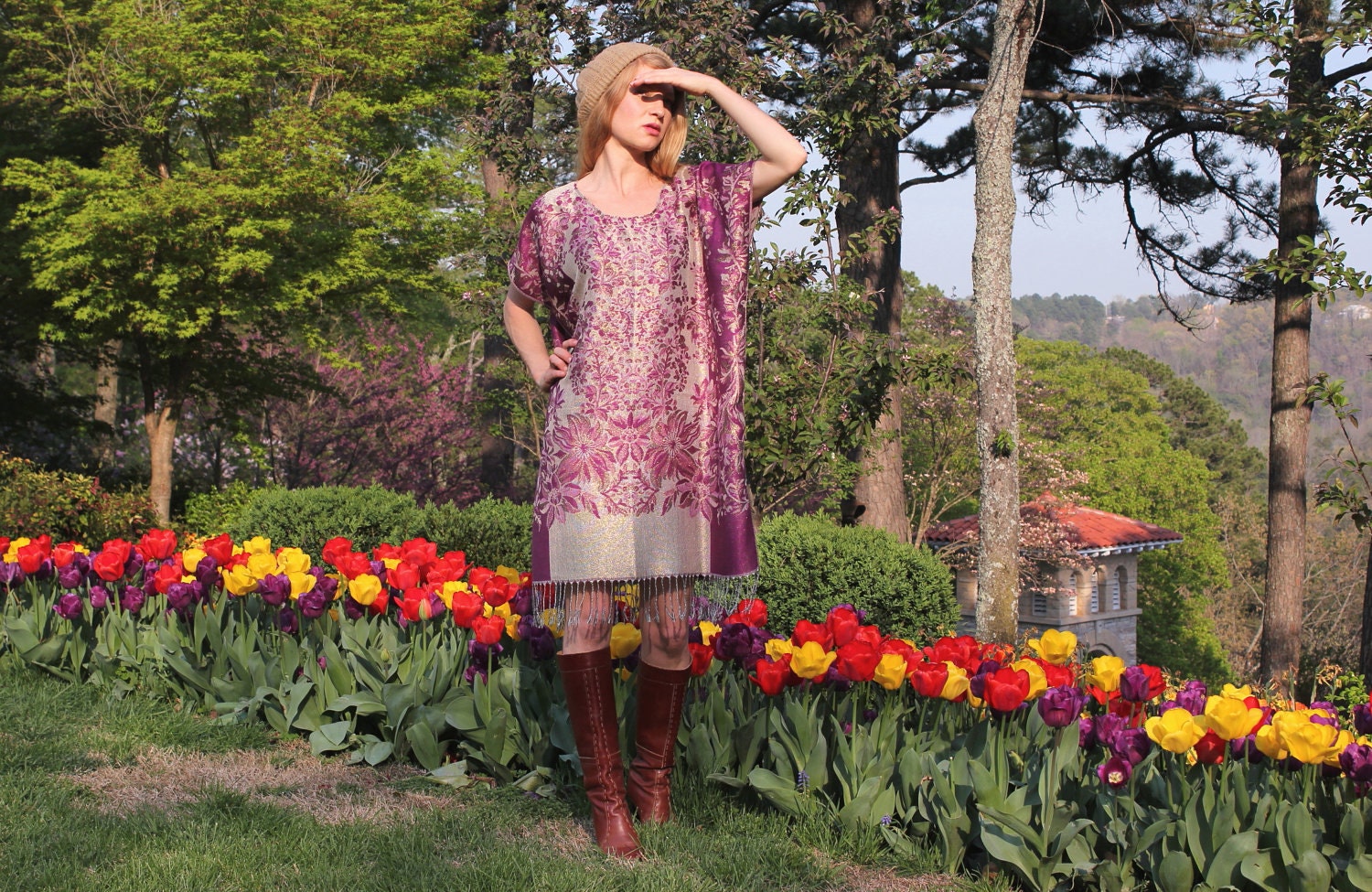 Boho Hippie Gypsy Caftan Dress with Fringe in Purple & Gold Metallic Silk Cashmere One Size