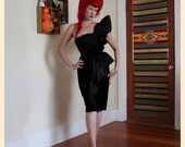 THE BEST 1980's does 1950's Velvet Hourglass One Shouldered Couture Cocktail Dress w/ Satin Ruffle Details & Huge Bow on Bust - Size S to M