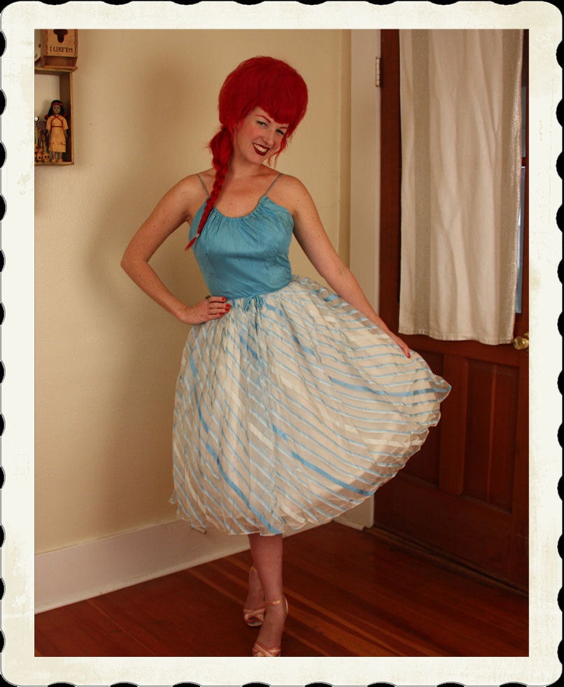 DEADSTOCK 1950's New Look Robins Egg Blue Silk & White Ombre Striped Chiffon Party Dress - Tags Attached - Princess - VLV - Size S to M