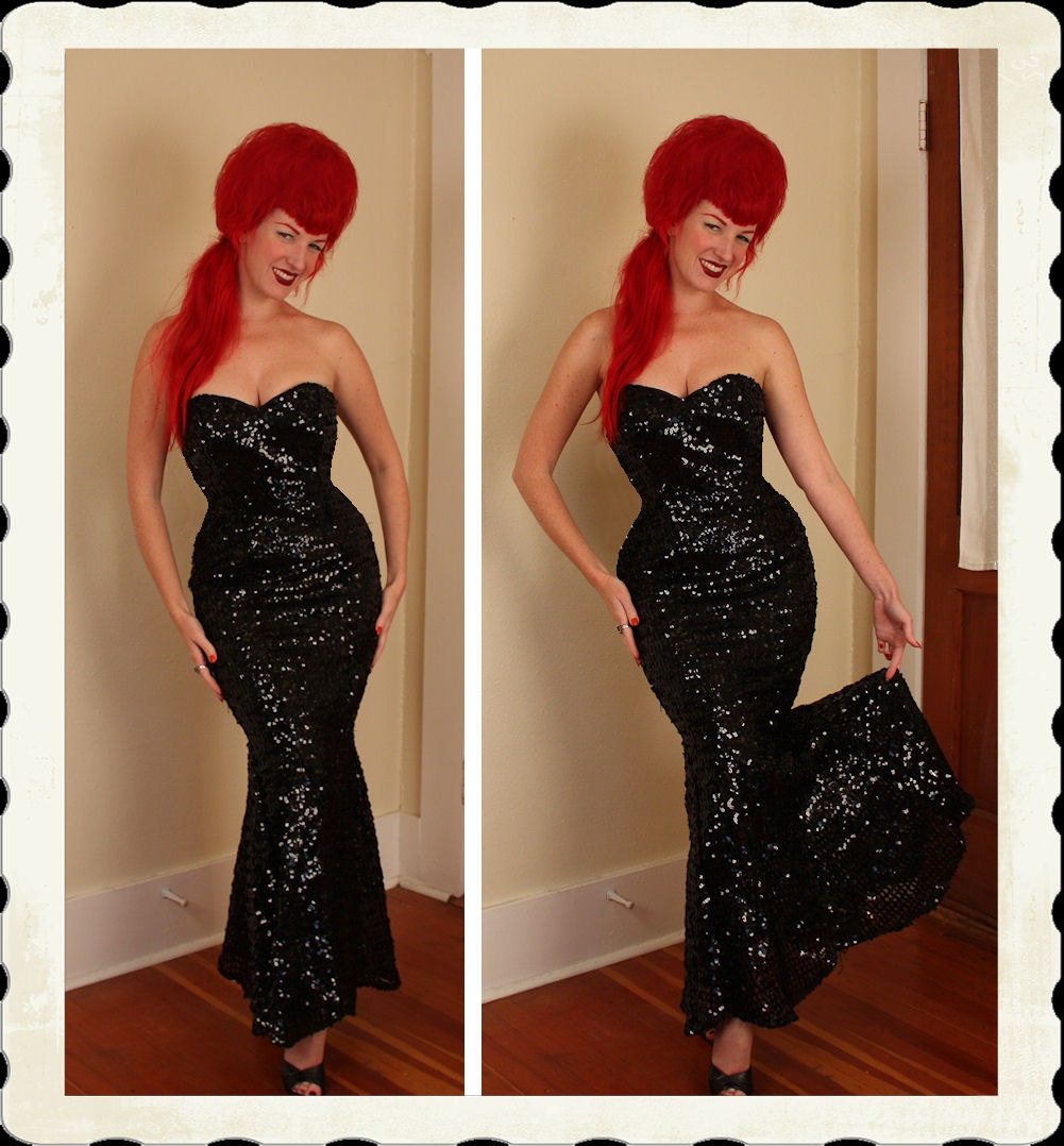 RESERVED 1950's Style Sequined Strapless Mermaid Gown - Satin Lined - Structural Boning - Sweetheart Bust & Low Back - VLV - Size M to L