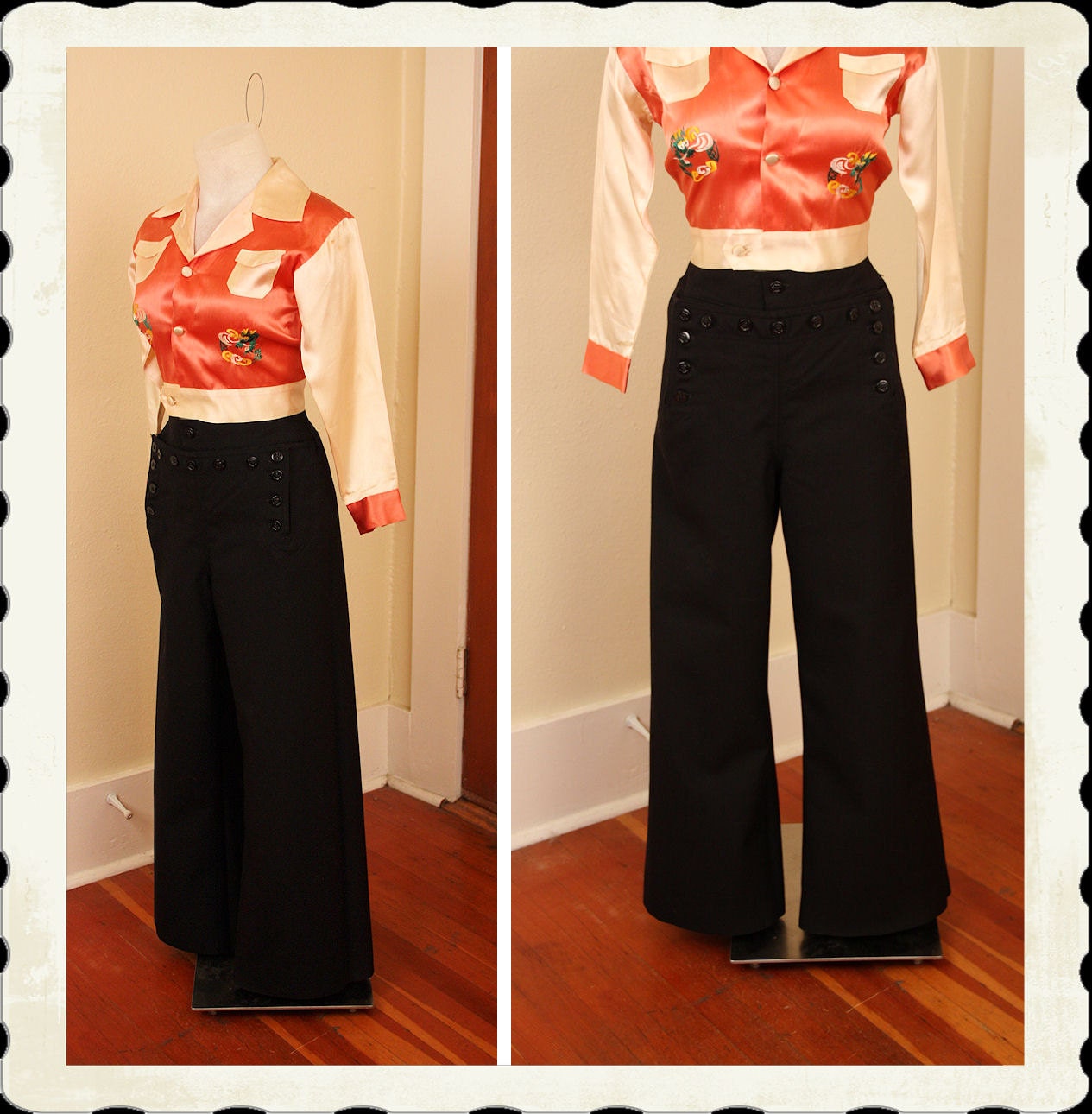 MINT 1940's Inky Black Wool U.S. Navy High Waisted Wide Legged Pants - Front Buttons & Lace Up Back - Size M Short