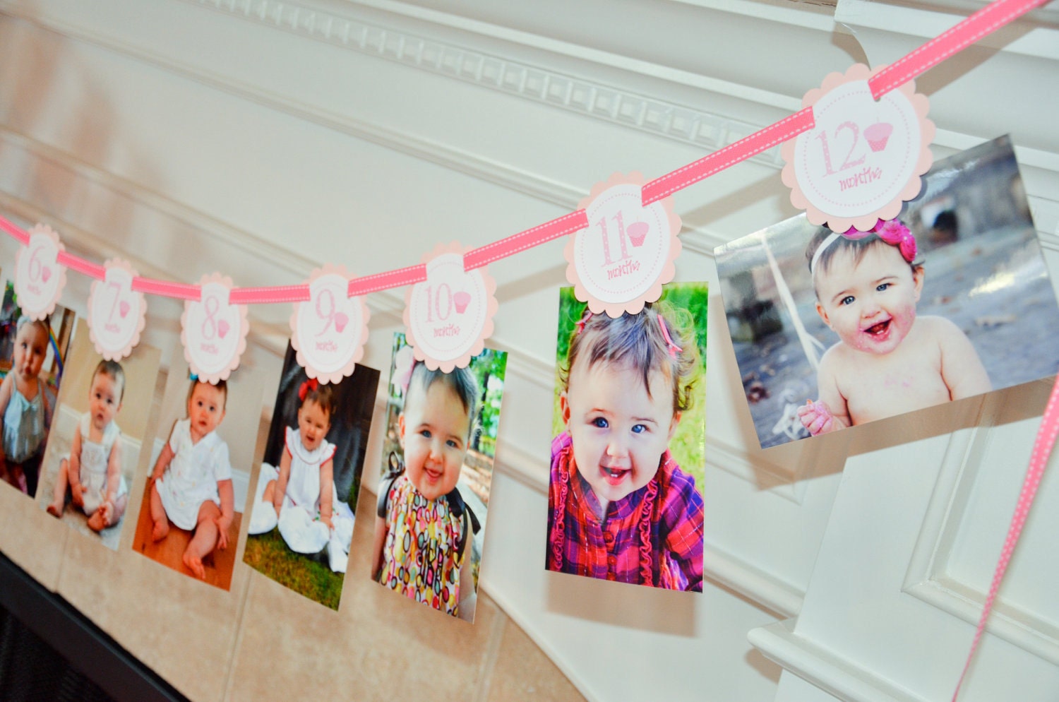 READY to SHIP Cupcakes & Polka Dots: Just Born/0-12month Cupcake First Birthday Photo Picture Banner with attached clips to hang pictures Il_170x135