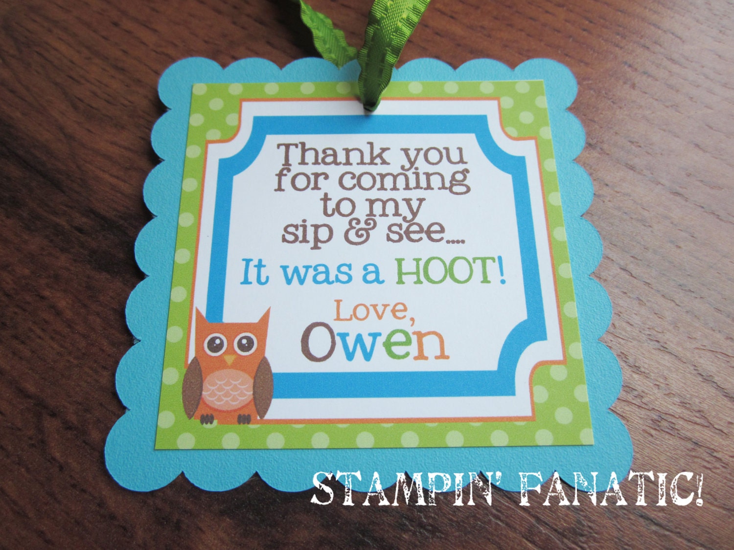Look Whoo's Arrived Collection: Set of 12 Favor Tags, Square Scallop Background, 4inches, personalized with ribbon to hang