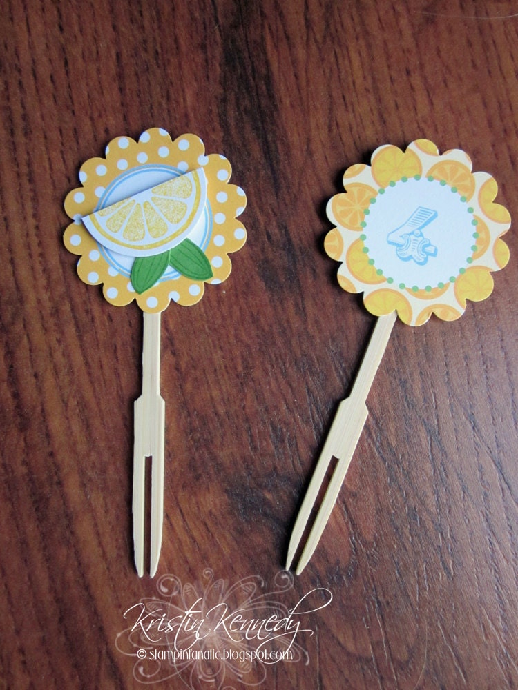 Little Lemon Collection: 12 Cupcake Toppers. Lemonade Birthday. Lemon. Lemonaide Party. Handstamped. Cupcake Picks. Il_570xn