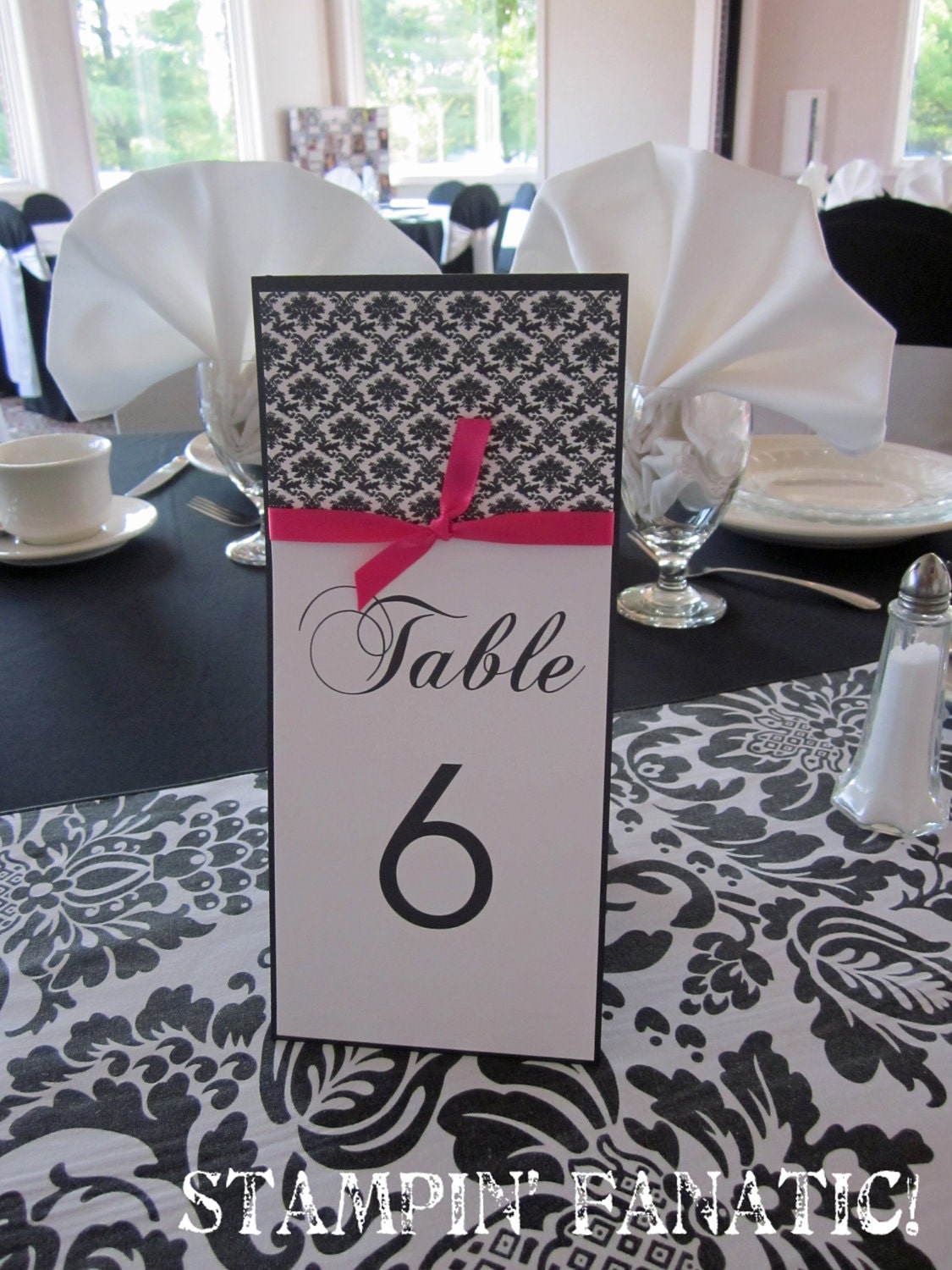 Damask Designs Wedding Collection: Set of 10 Tent Style Table Numbers, YOU pick the satin ribbon color Il_570xn