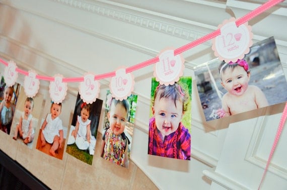 Cupcakes & Polka Dots: Just Born/0-12month Cupcake First Birthday Photo Picture Banner. First Birthday Banner. First Year Banner. Il_570xn