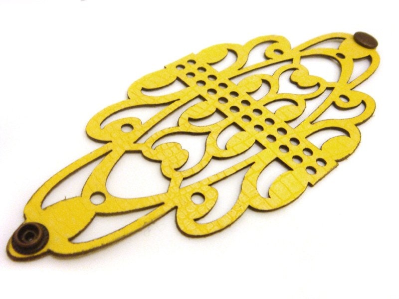 Yellow leather cuff bracelet, laser cut filigree design