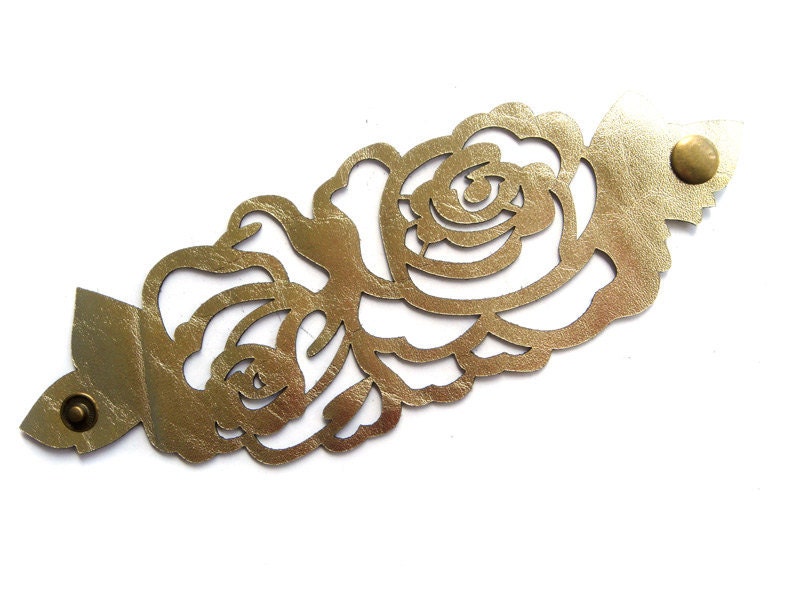 Leather cuff bracelet - laser cut rose in metallic gold