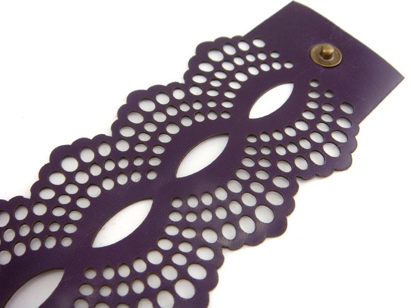 Dark purple / plum leather cuff bracelet - laser cut lace design