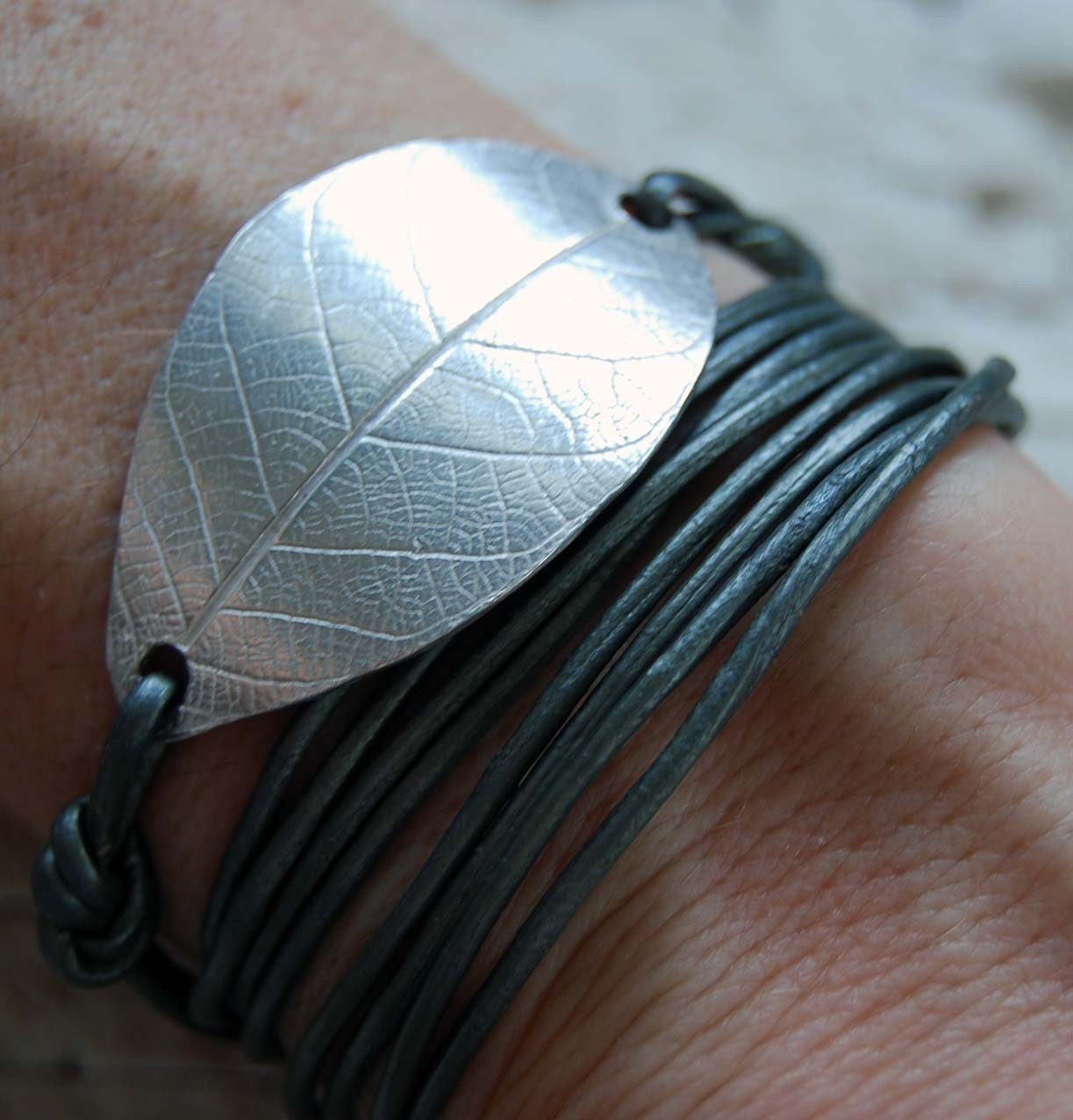 Fine Silver leaf Leather Bracelet/Necklace,fall, foliage, nature, metallic, wrap, chunky