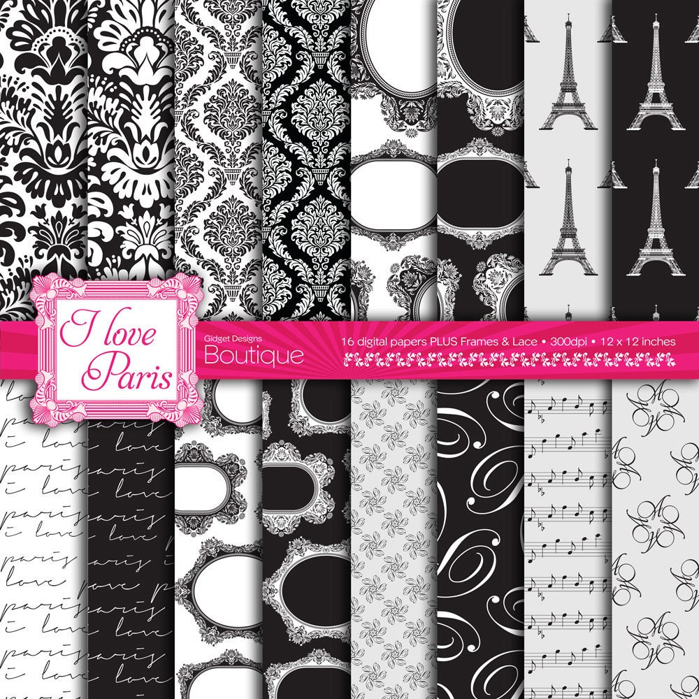 Digital Paper Pack INSTANT DOWNLOAD: Paris - Monochrome - Parisian Chic Vintage I Love Paris Eiffel  Frames Lace Clipart