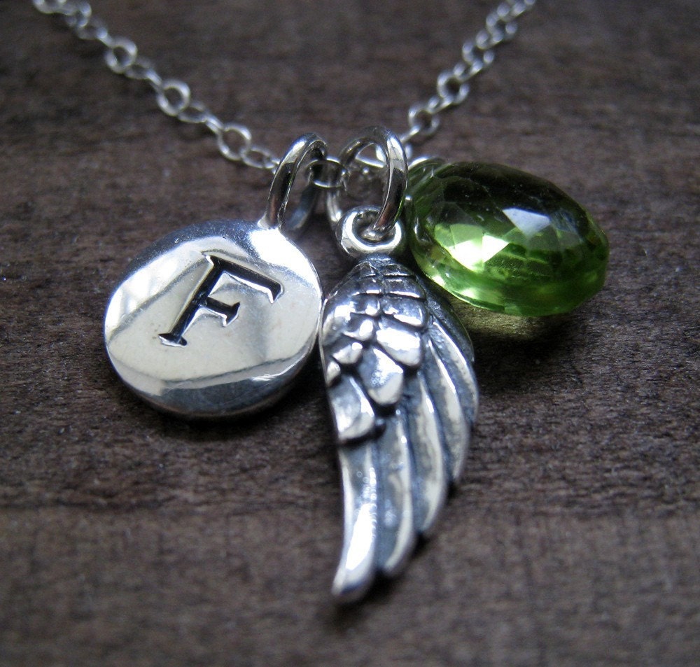 Custom initial disc necklace, Angel wing necklace, birthstone necklace, bridesmaid gifts, weddings