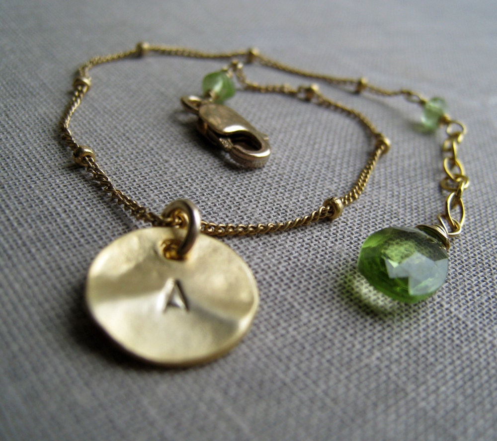 Birthstone and Initial bracelet, gold letter charm disc, personalized bridesmaid bracelet, August birthstone peridot, adjustable chain
