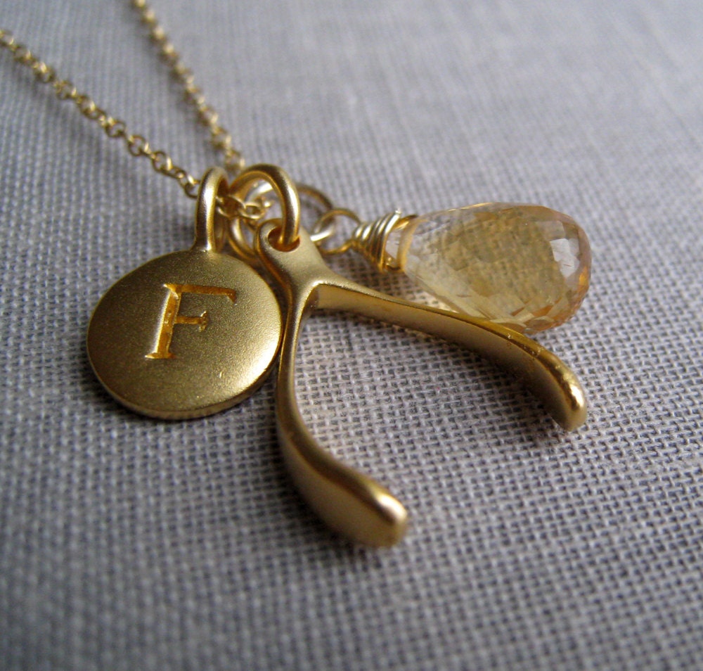 Custom initial Wishbone necklace, personalized necklace, good luck charm, gold lucky necklace