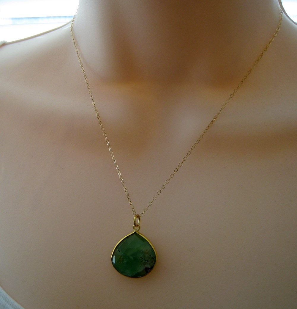 Chrysoprase bezel pendant necklace-gold bezel gemstone pendant, Moss green turquoise color,  18''long, limited edition