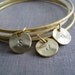personalized gold bangles, set of 3 custom initial bracelet bangles, gold disc, personalized bridesmaid gifts