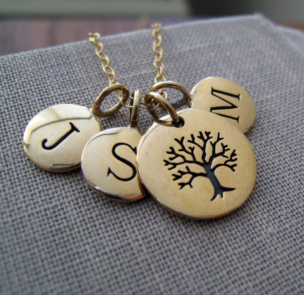 Personalized Family necklace, family tree necklace, custom initial and antique gold tree of life charm, mommy necklace