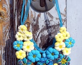 Textile necklace '' FLOWER''  turguoise  and yellow  Ready to Ship Now