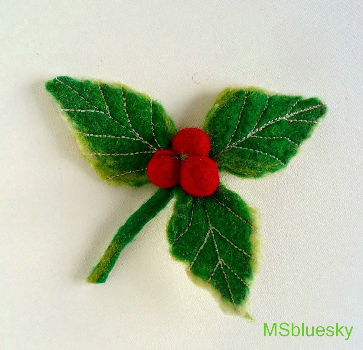 FLOWER Holly and Berries Red Pin handfelted wool brooch - green and red, ready to ship Gift under 25 USD