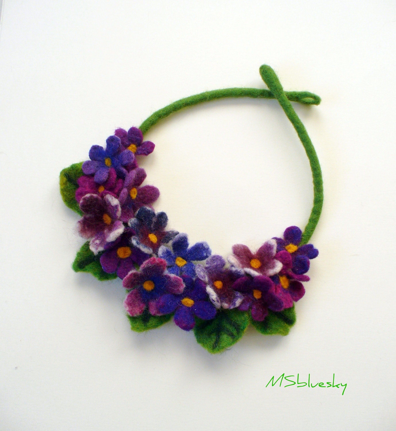 Felt Necklace with FLOWER Violets hand made felted Ready to Ship Now - Gift under 50 USD