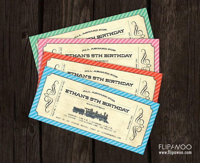 Vintage Train Invitation Ticket (Boarding Pass Style) for a Birthday Party by FLIPAWOO - Customized Printable File
